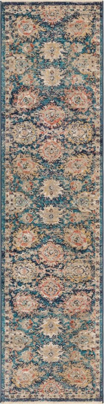 2' x 8' Ansel · Distressed floral rug, blue and tan