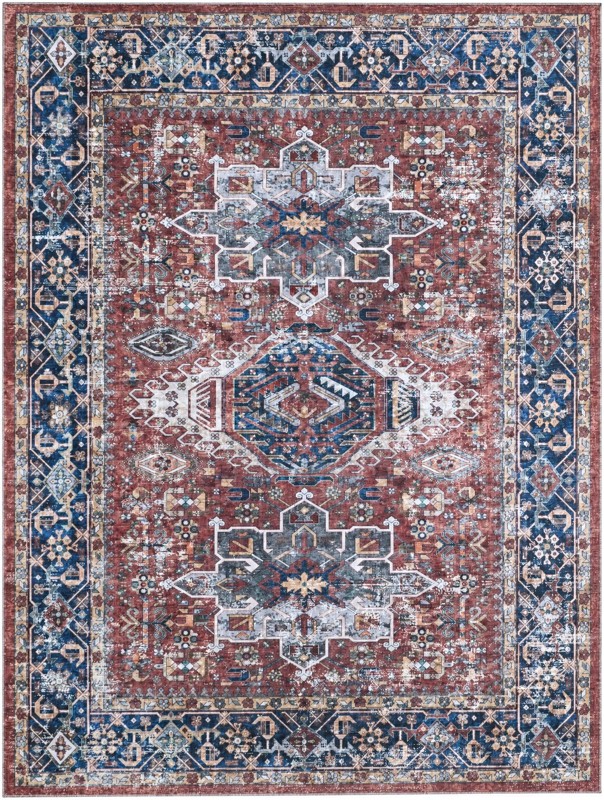 9' x 12' Tatlock · Distressed medallion rug, rust and blue