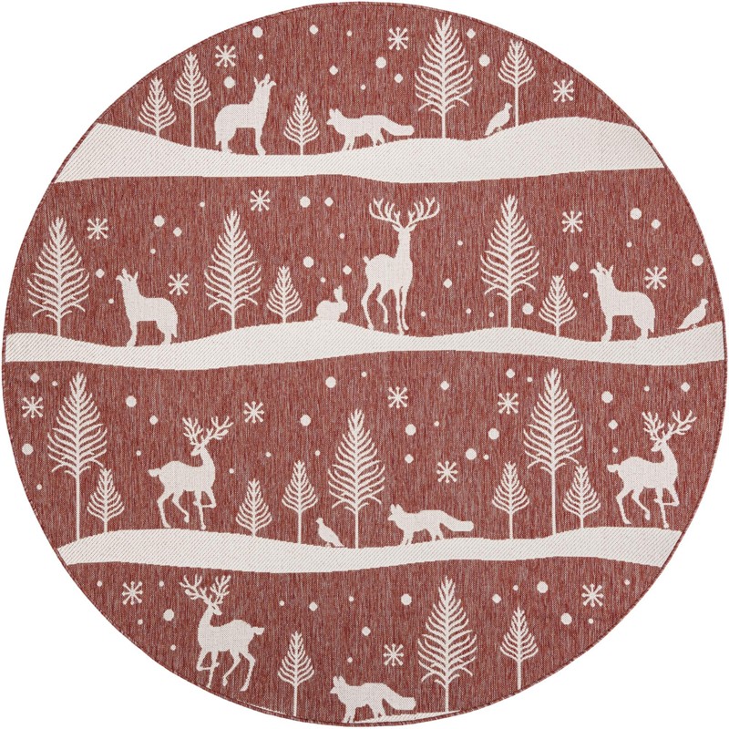 7' 10 x 7' 10 Cashel · Winter woodland Outdoor Rug, red and ivory