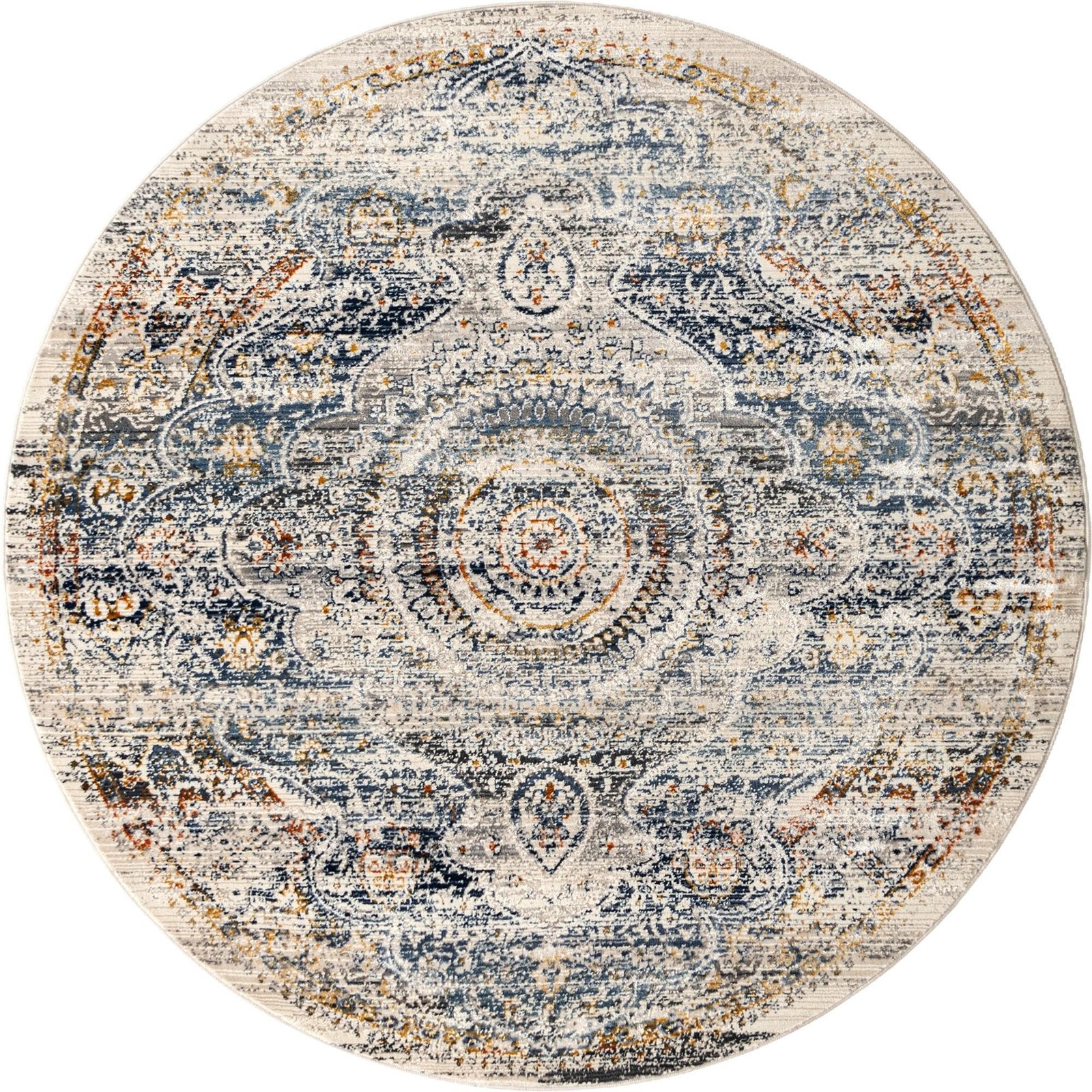 5' x 5' Leaver · Distressed medallion rug, blue and gray