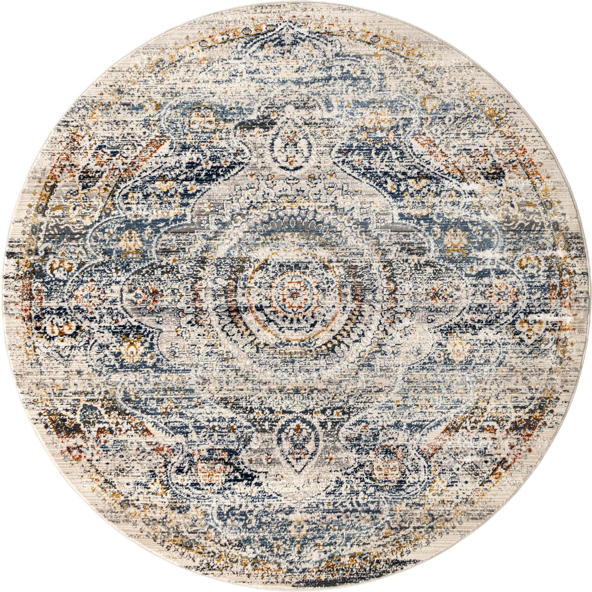 5' x 5' Leaver · Distressed medallion rug, blue and gray