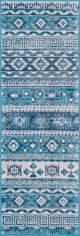 2' x 6' Lloyd · Tribal striped rug, blue and ivory