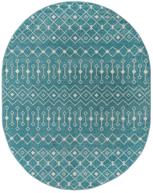 7' 10 x 10' Boswell · Geometric trellis rug, aqua and ivory