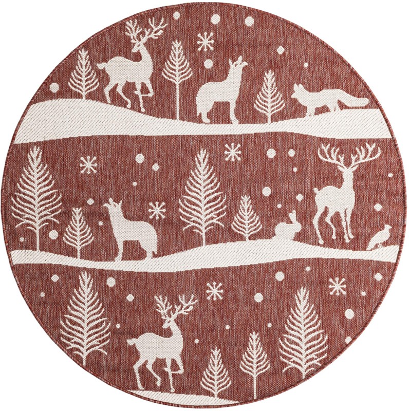 5' 3 x 5' 3 Cashel · Winter woodland Outdoor Rug, red and ivory