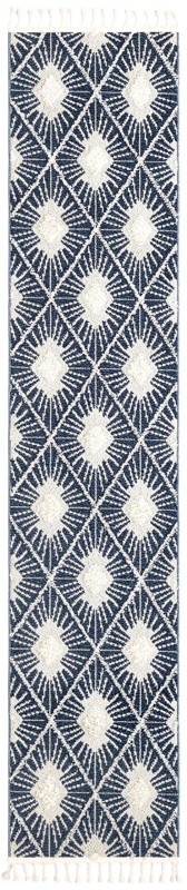 2' 7 x 12' Greenport · Diamond sunburst rug, blue and ivory