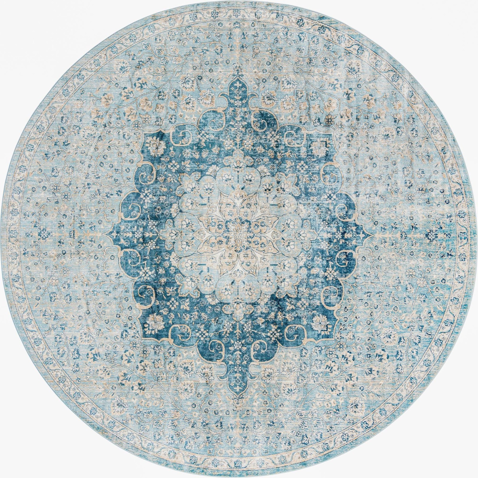10' 2 x 10' 2 Stanford · Distressed medallion rug, blue and ivory
