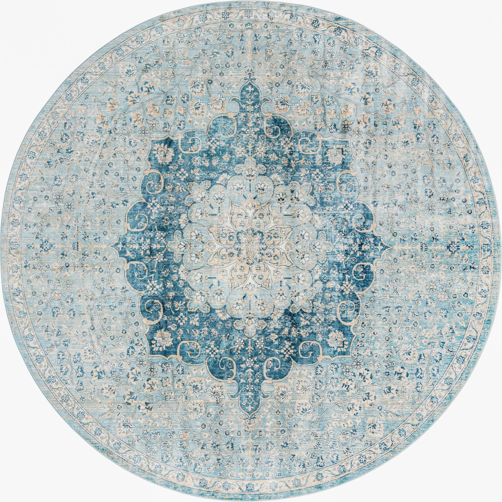 10' 2 x 10' 2 Stanford · Distressed medallion rug, blue and ivory