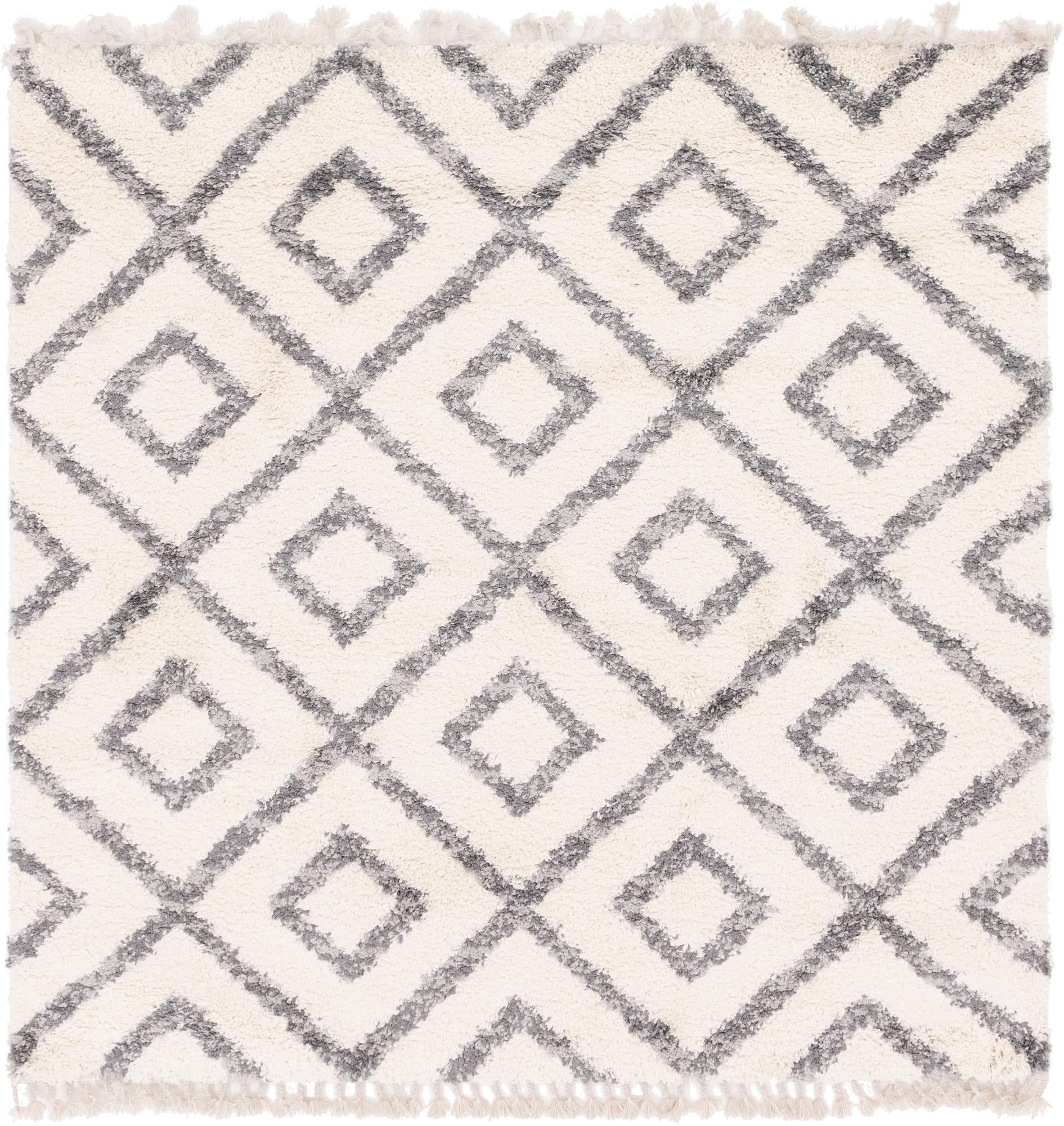 8' x 8' Tunstall · Diamond lattice Shag Rug, ivory and gray