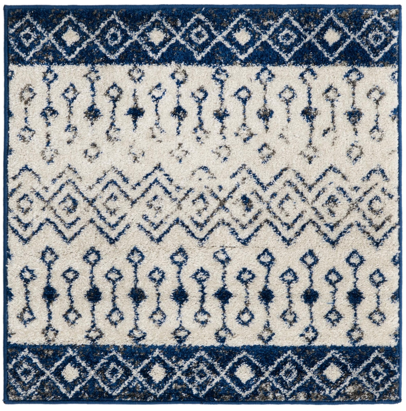 3' 3 x 3' 3 Vernon · Tribal geometric rug, blue and ivory