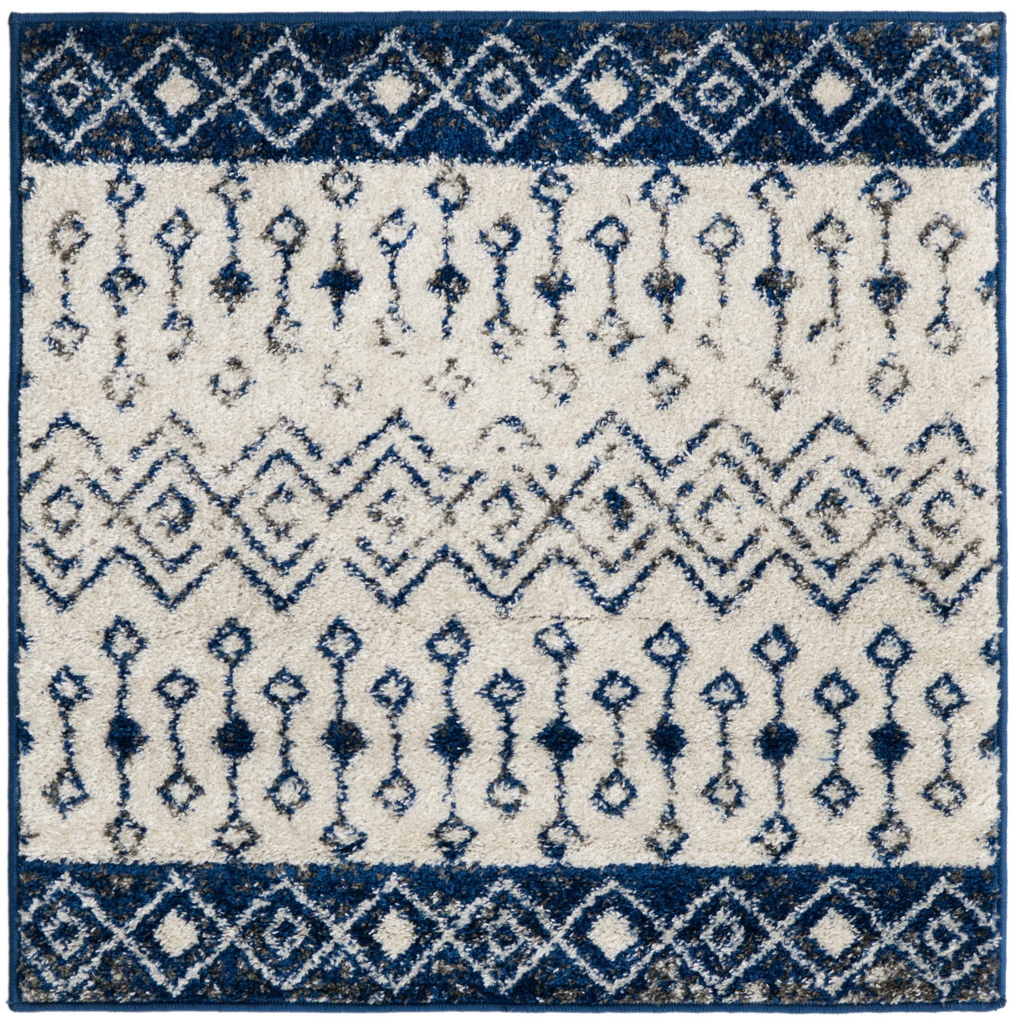 3' 3 x 3' 3 Vernon · Tribal geometric rug, blue and ivory
