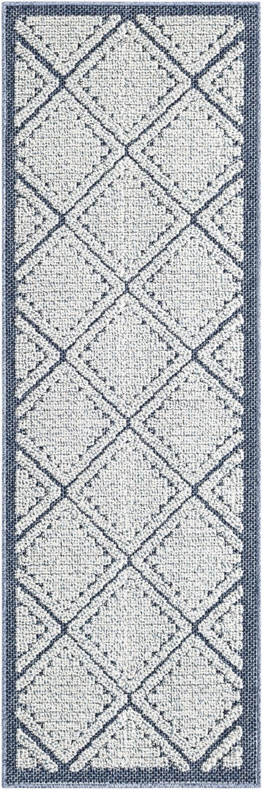 2' x 6' 1 Auburn · Geometric diamond Outdoor Rug, navy and ivory