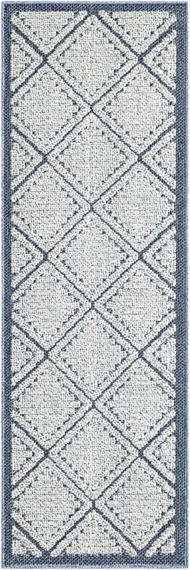 2' x 6' 1 Auburn · Geometric diamond Outdoor Rug, navy and ivory