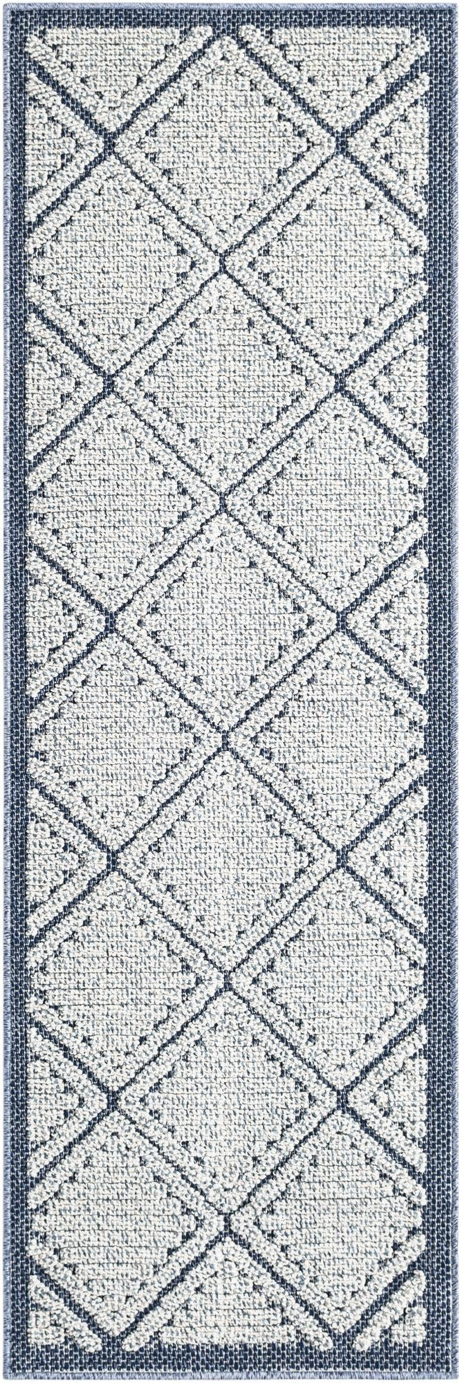 2' x 6' 1 Auburn · Geometric diamond Outdoor Rug, navy and ivory