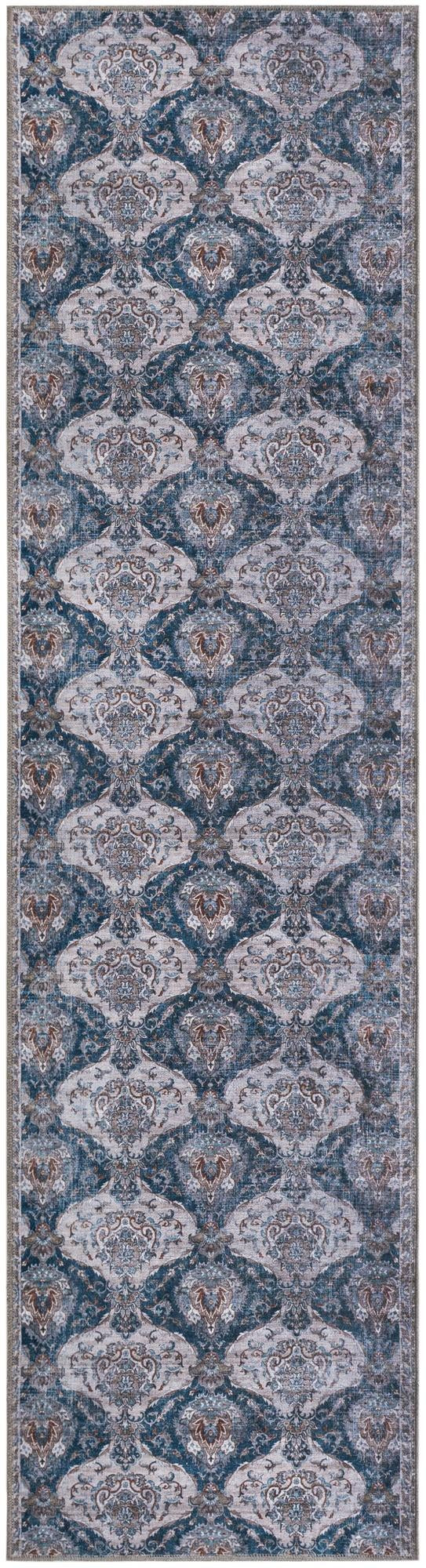 2' 7 x 10' McCall · Damask rug, blue and ivory