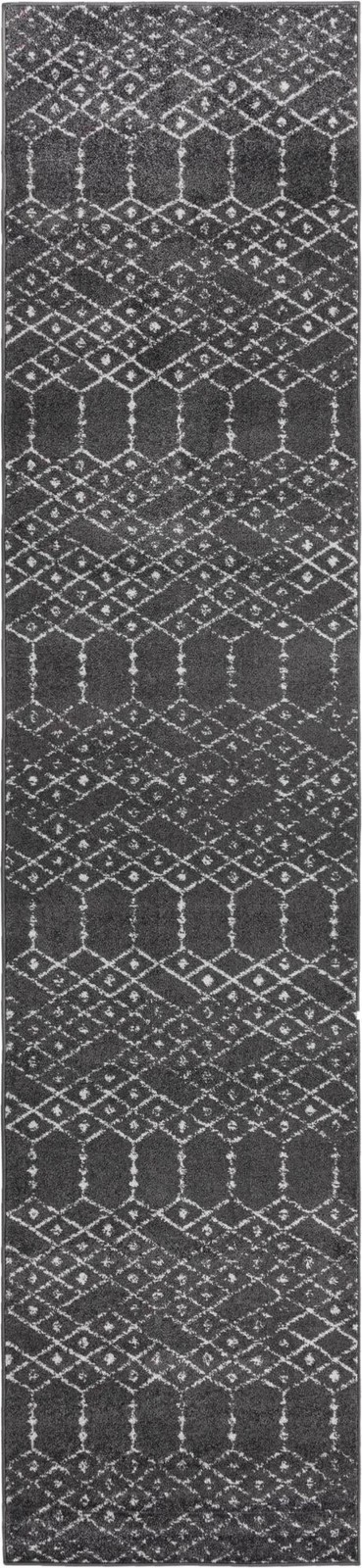 3' x 13' Newcomb · Geometric lattice rug, charcoal and ivory