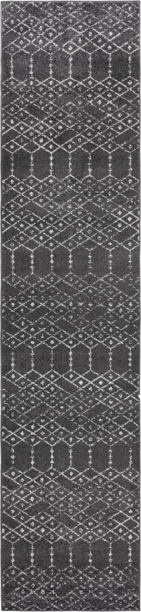 3' x 13' Newcomb · Geometric lattice rug, charcoal and ivory