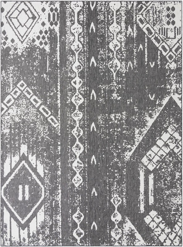 10' x 13' Wildman · Tribal geometric Outdoor Rug, charcoal and ivory