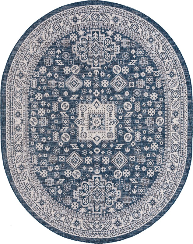 7' 10 x 10' Bellamy · Geometric medallion Outdoor Rug, blue and ivory