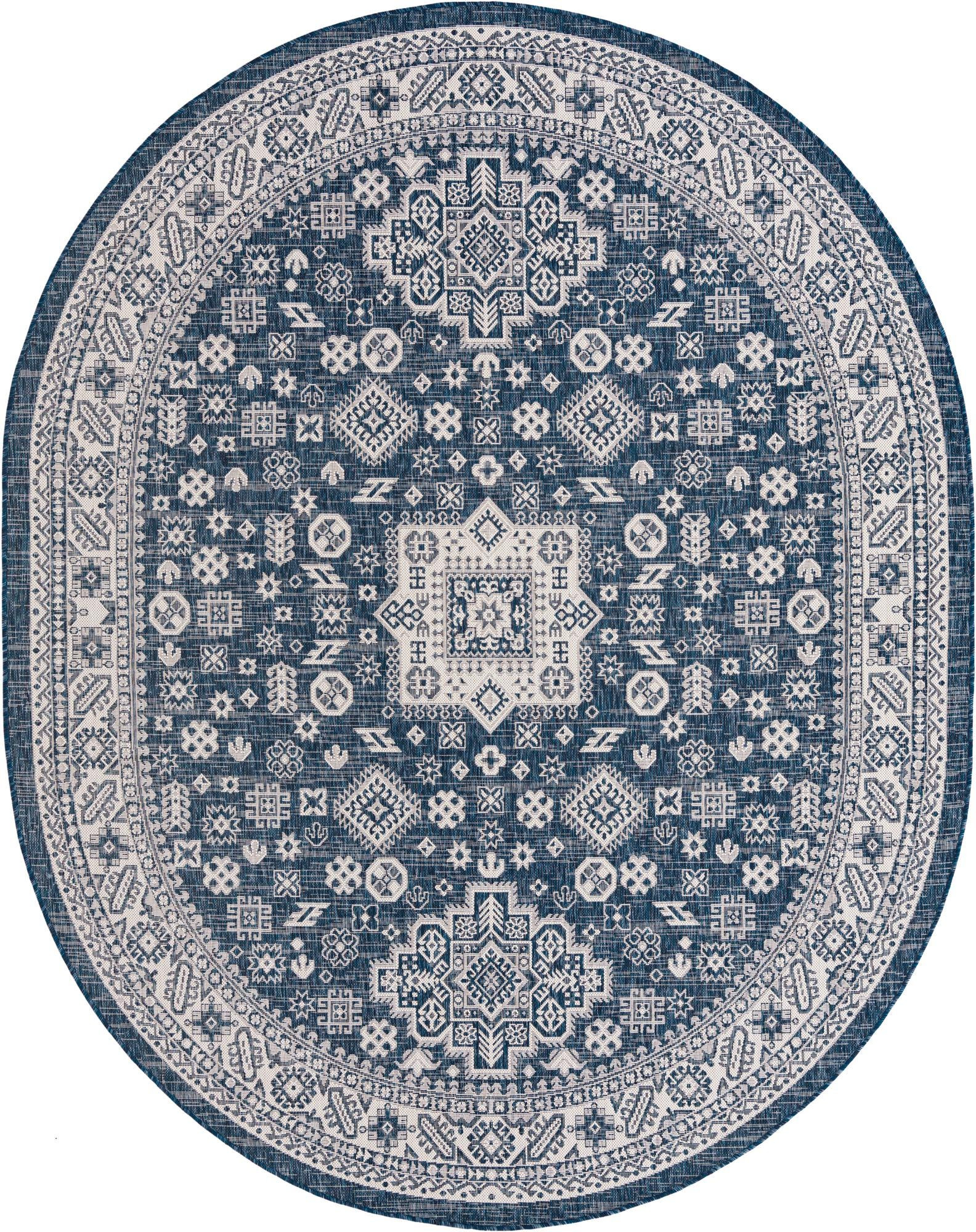 7' 10 x 10' Bellamy · Geometric medallion Outdoor Rug, blue and ivory