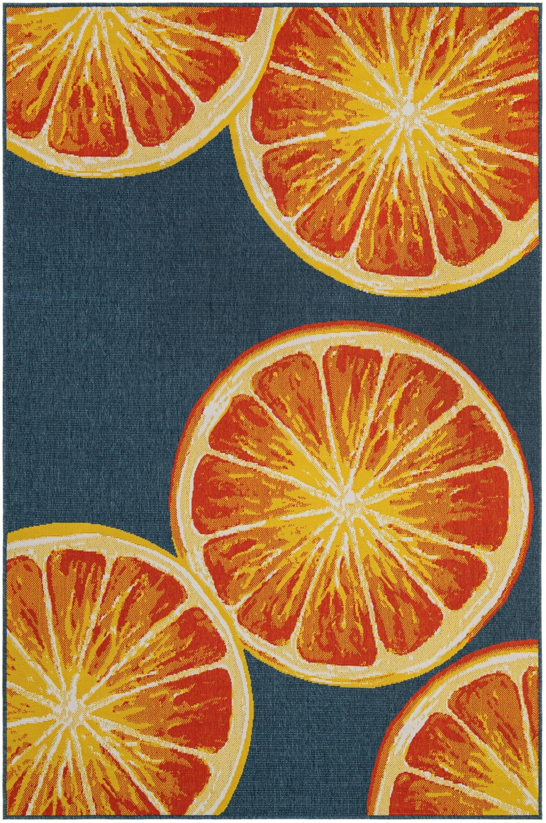 6' x 9' Hurley · Citrus slice Outdoor Rug, navy and orange