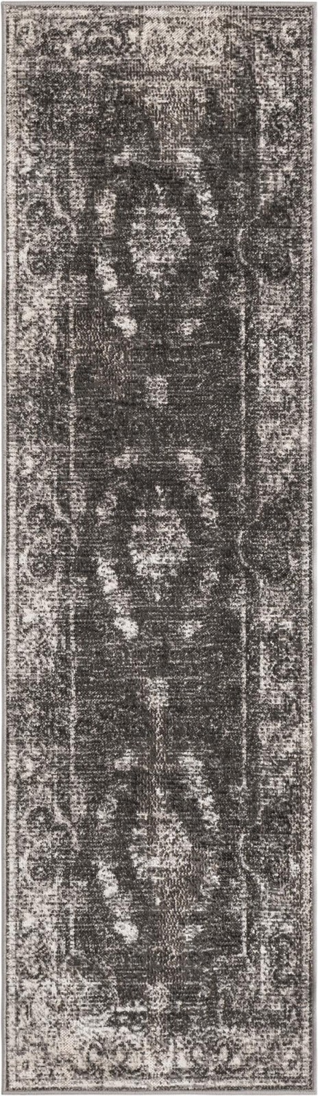 2' x 7' 1 Stoner · Distressed medallion rug, charcoal and ivory