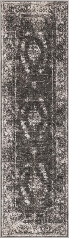 2' x 7' 1 Stoner · Distressed medallion rug, charcoal and ivory