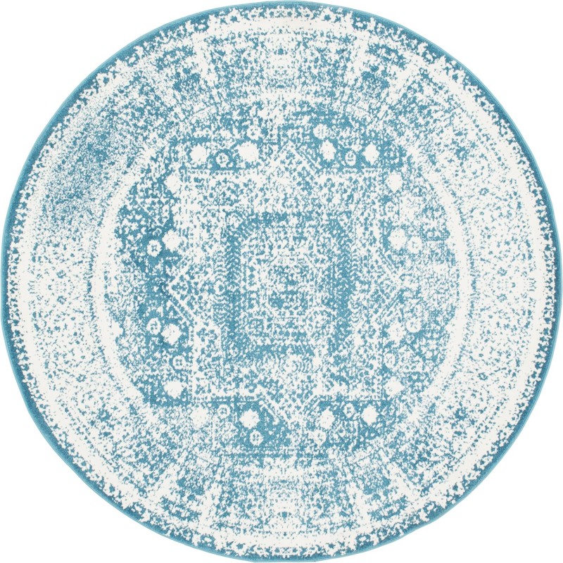 8' x 8' Waco · Distressed medallion rug, blue and ivory