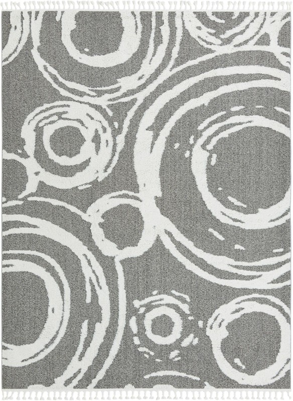 9' x 12' Beech · Abstract circles rug, gray and ivory