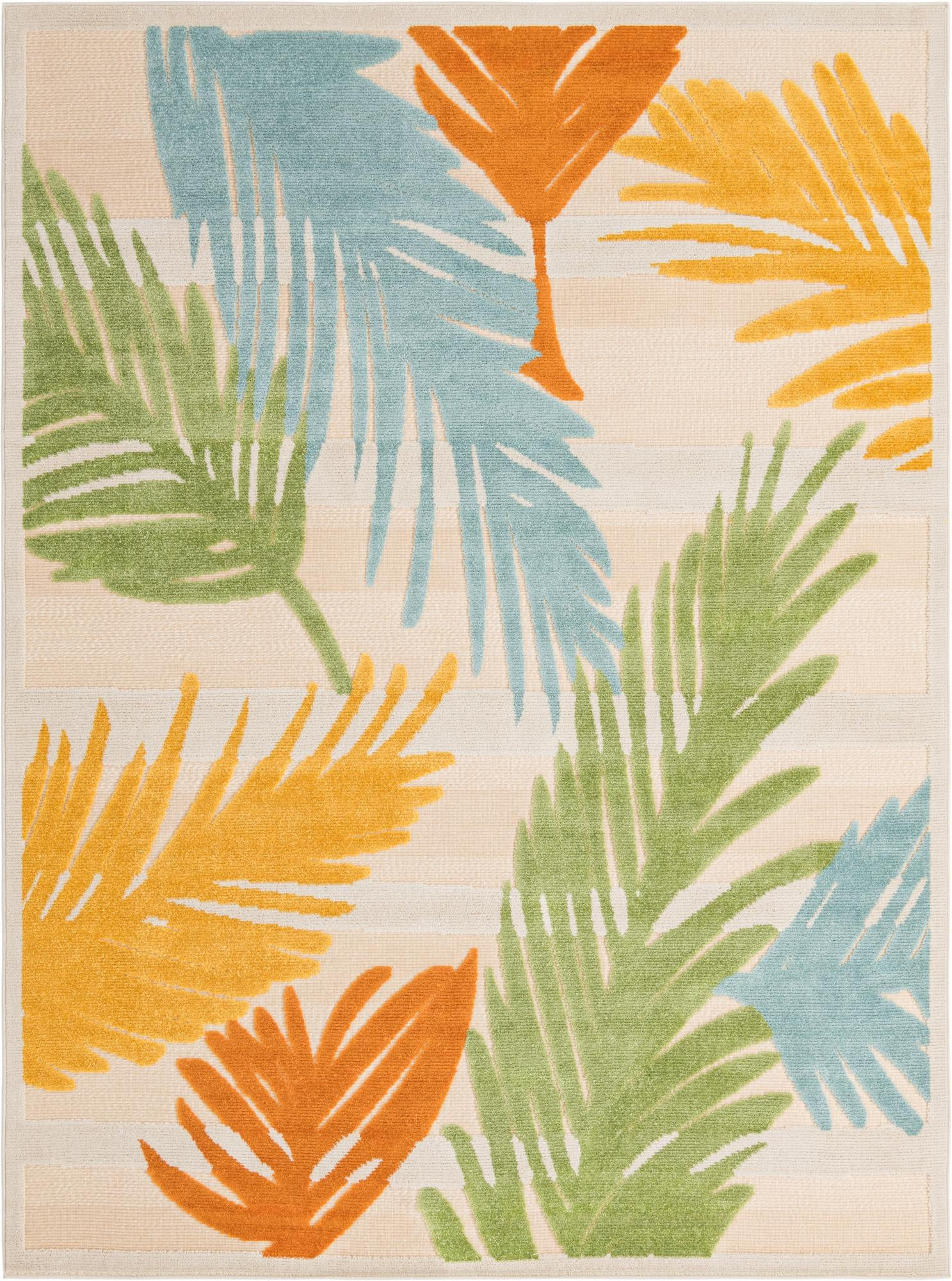7' x 10' Fargo · Tropical leaf Outdoor Rug, multicolour on beige