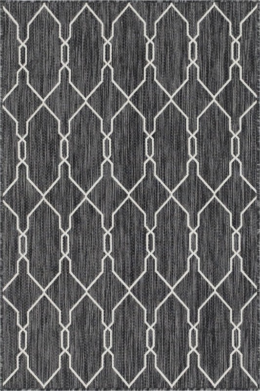Bronson · Geometric lattice Outdoor Rug, charcoal and ivory