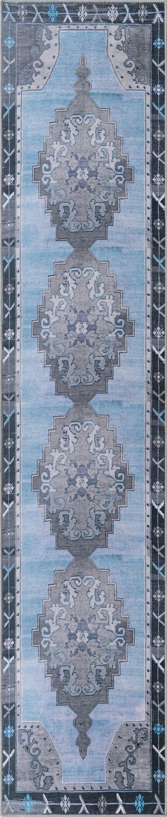 2' 6 x 12' Sanderson · Medallion Washable Rug, blue and gray