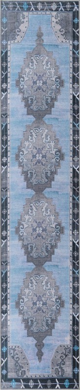 2' 6 x 12' Sanderson · Medallion Washable Rug, blue and gray