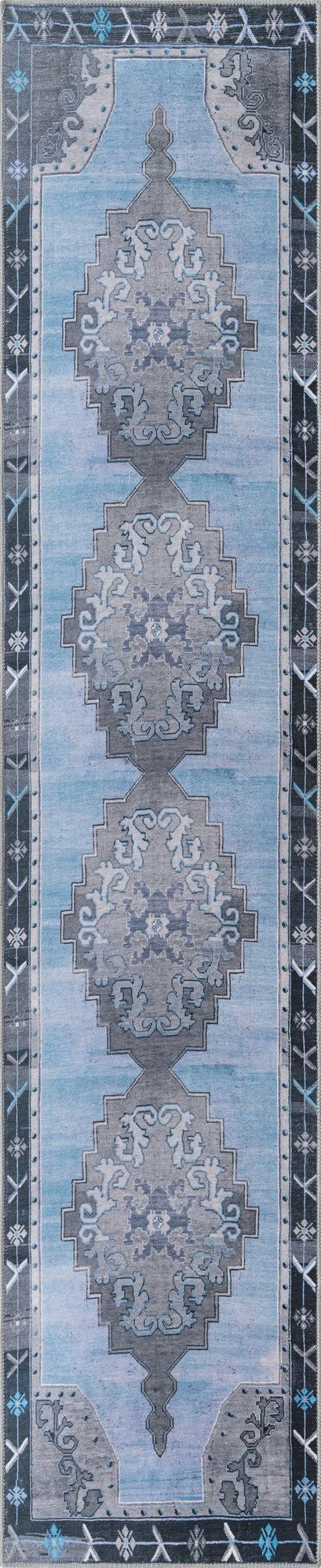 2' 6 x 12' Sanderson · Medallion Washable Rug, blue and gray