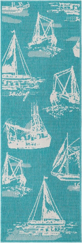 2' x 6' Desmond · Sailboat Outdoor Rug, teal and ivory