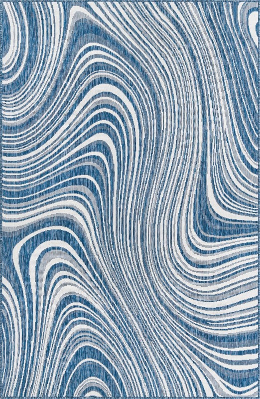 Lander · Abstract wave Outdoor Rug, blue and ivory