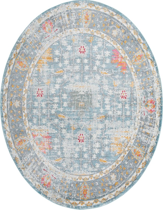 8' 2 x 10' Calm · Distressed floral rug, blue and orange