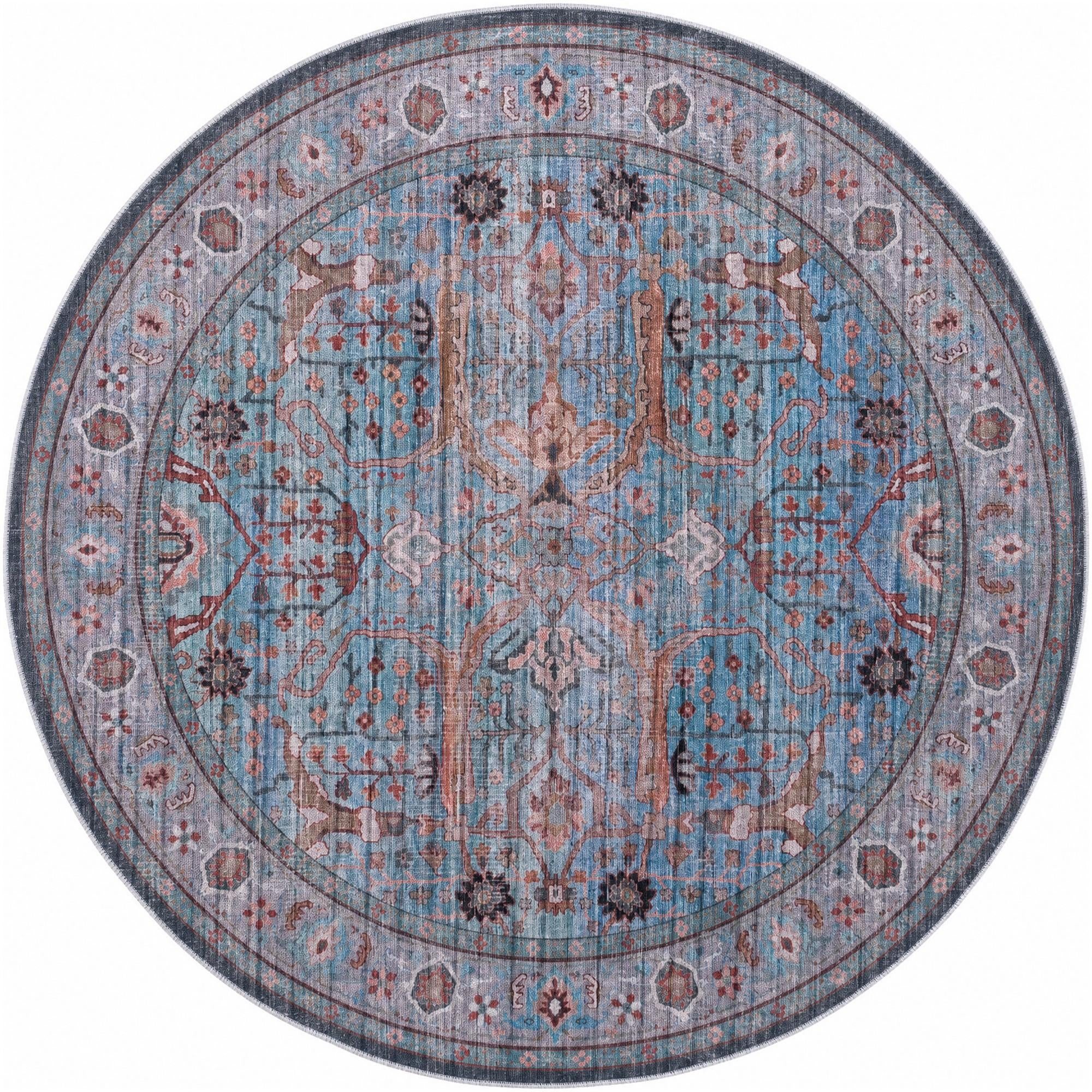 6' x 6' Mayfield · Distressed floral rug, blue and rust