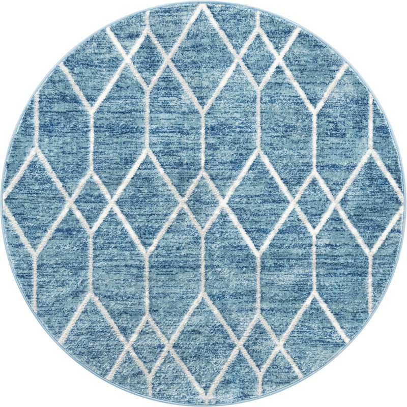 5' x 5' Thatcher · Geometric trellis rug, blue and ivory