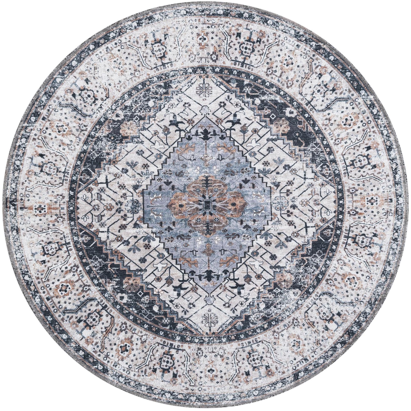 4' x 4' Trillium · Medallion Washable Rug, charcoal and light blue