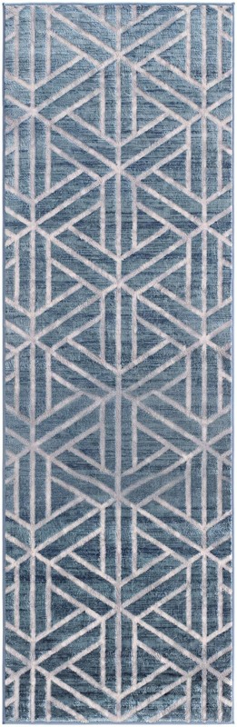 3' x 10' Norwood · Geometric trellis rug, blue and ivory