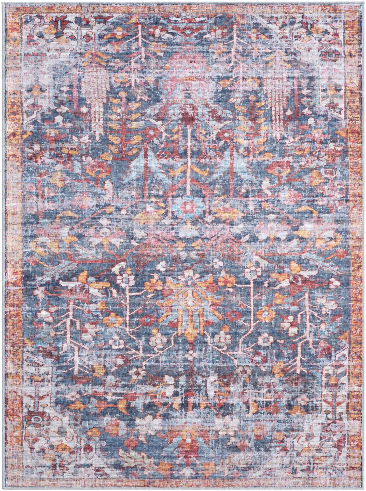 5' 3 x 7' Massey · Distressed floral rug, navy and rust