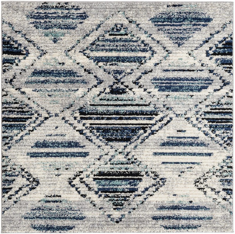 5' 3 x 5' 3 Windmill · Geometric diamond rug, blue and ivory