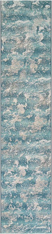 2' 7 x 12' Lomax · Abstract Outdoor Rug, aqua and ivory