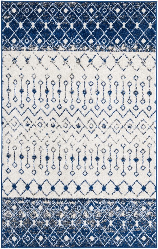 5' 3 x 8' Vernon · Tribal geometric rug, blue and ivory