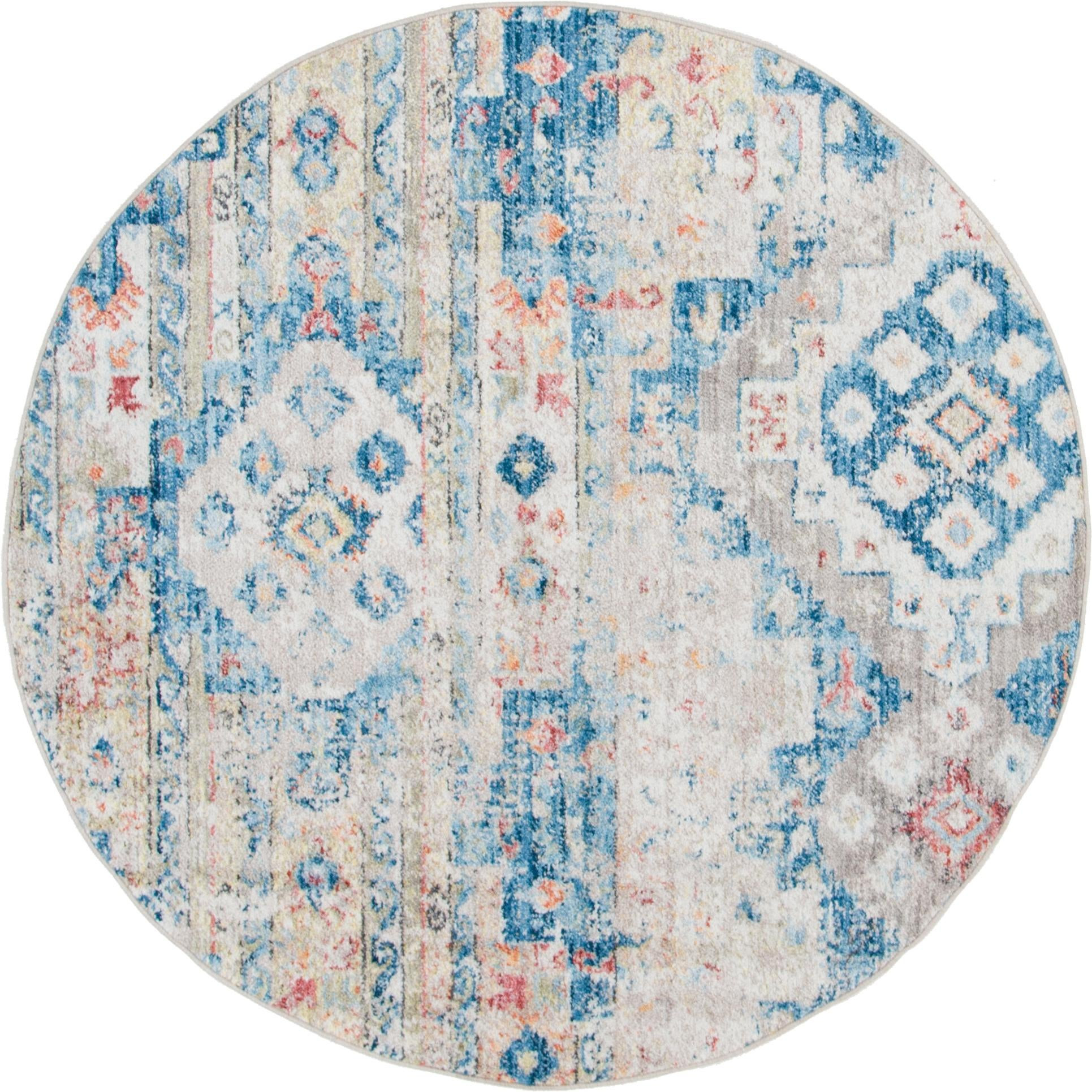 5' x 5' Markham · Distressed medallion rug, blue and orange