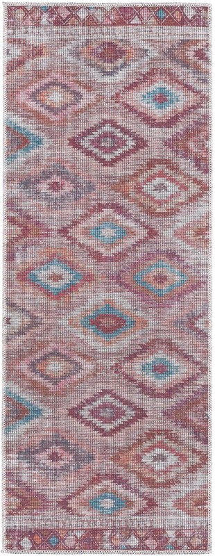 2' x 5' Uttley · Diamond tribal Washable Rug, terracotta and turquoise