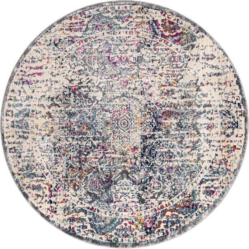 3' 7 x 3' 7 Langton · Distressed medallion rug, gray and multi
