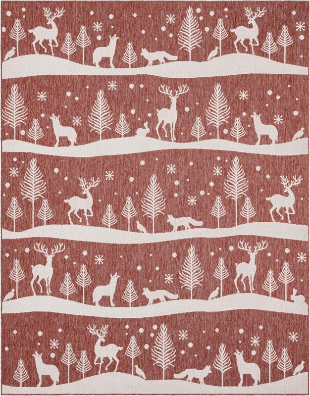 7' 10 x 10' Cashel · Winter woodland Outdoor Rug, red and ivory