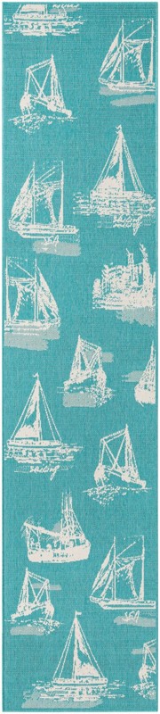 2' 7 x 12' Desmond · Sailboat Outdoor Rug, teal and ivory