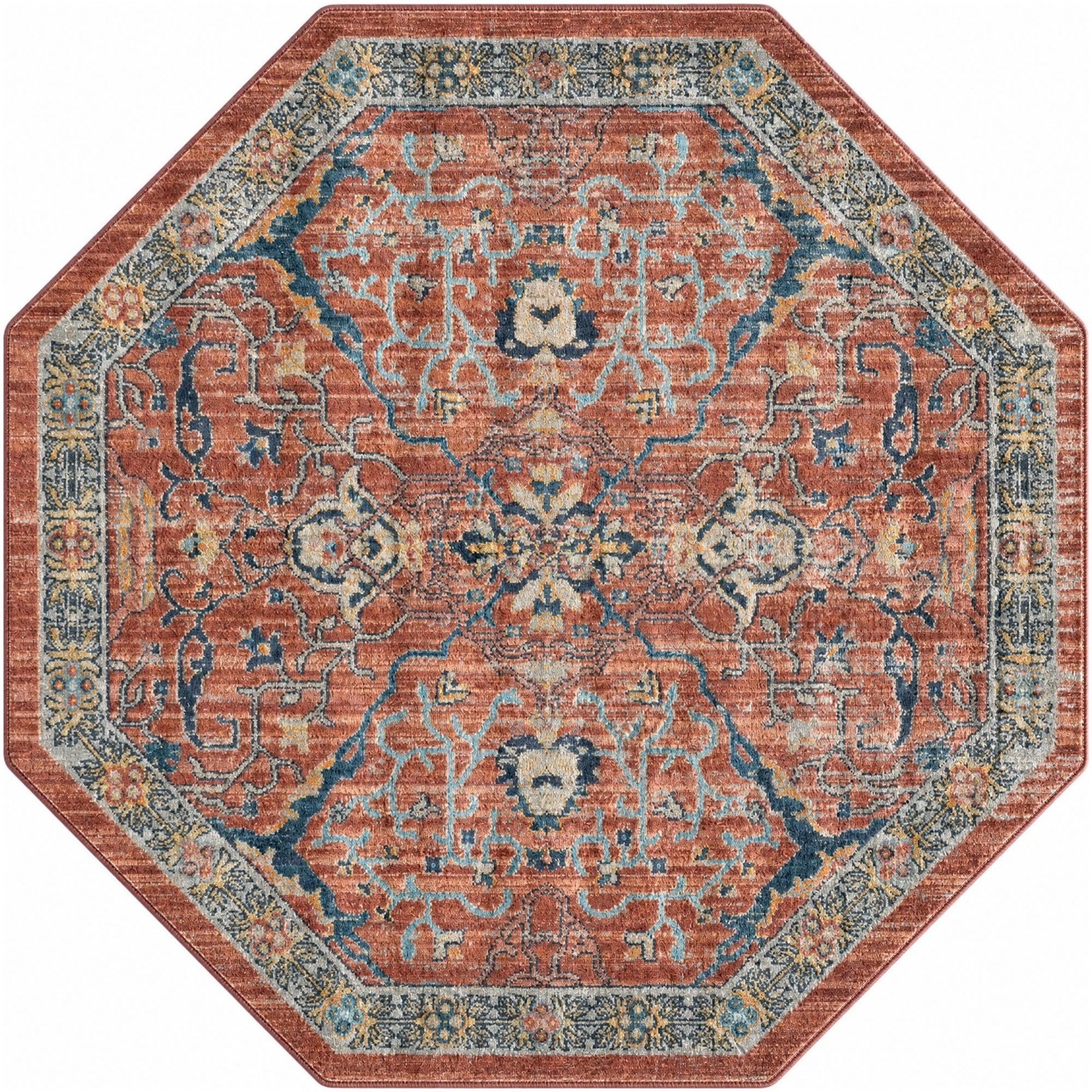 5' x 5' Sedgwick · Medallion rug, brick red and blue